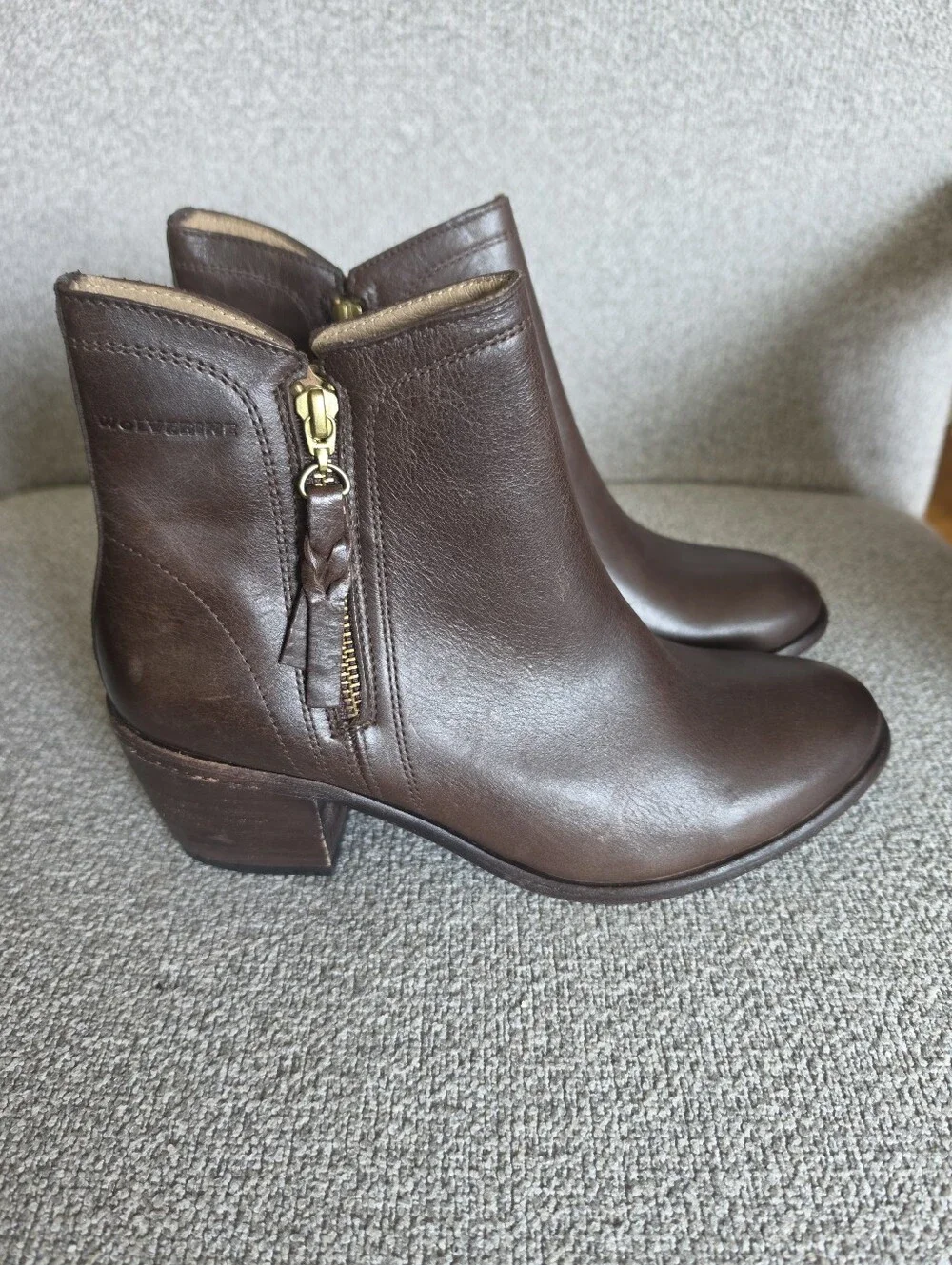 Wolverine Ella Leather Zip Ankle Heeled Booties Brown Sz 9.5